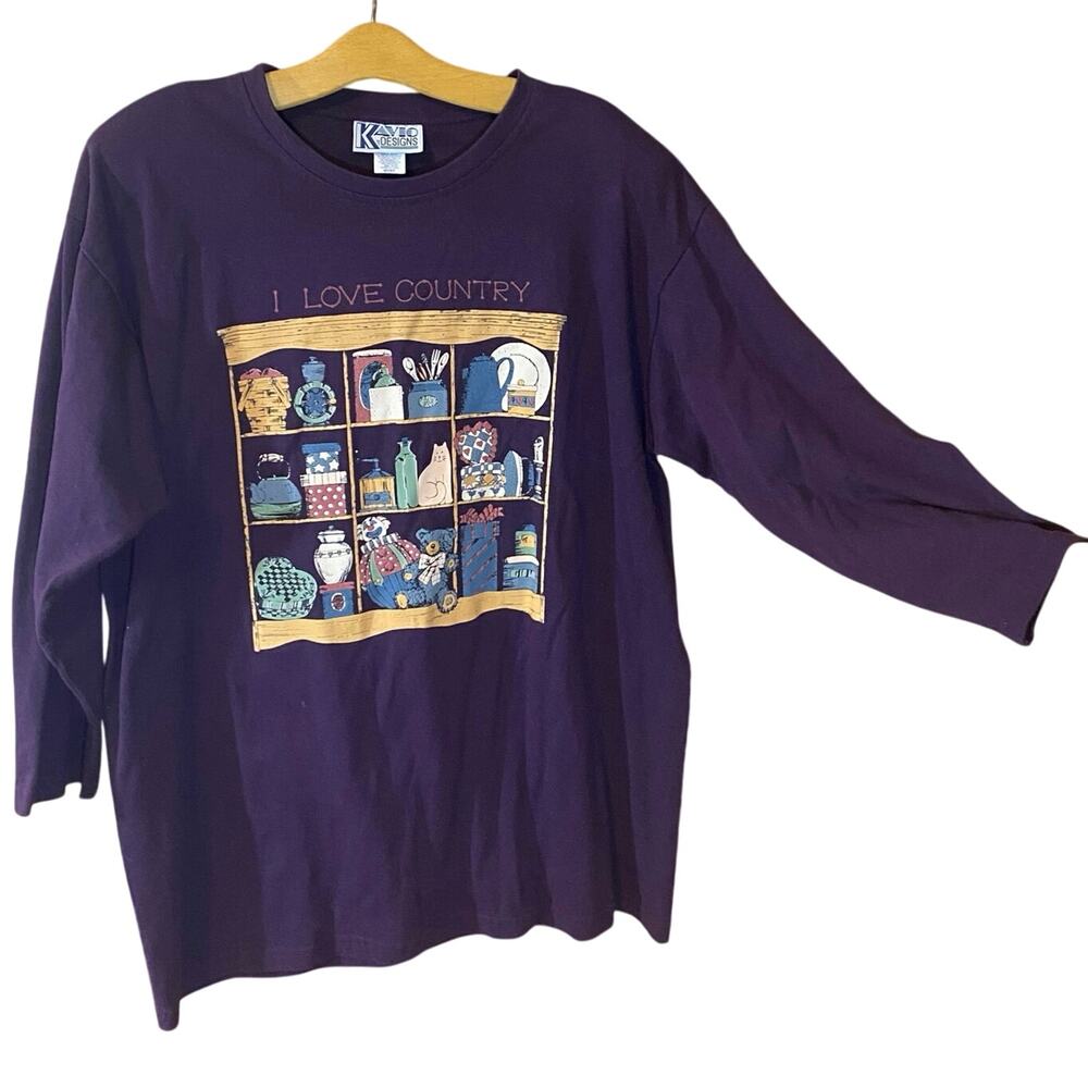 Vintage 90s Kavio Designs I Love Country Long Sleeve Tee Shirt USA cottagecore